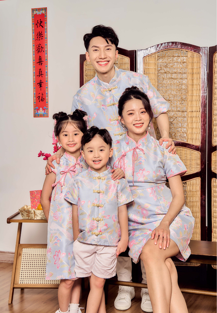 Little Xia He Jacquard Cheongsam With Ribbons (Blue)