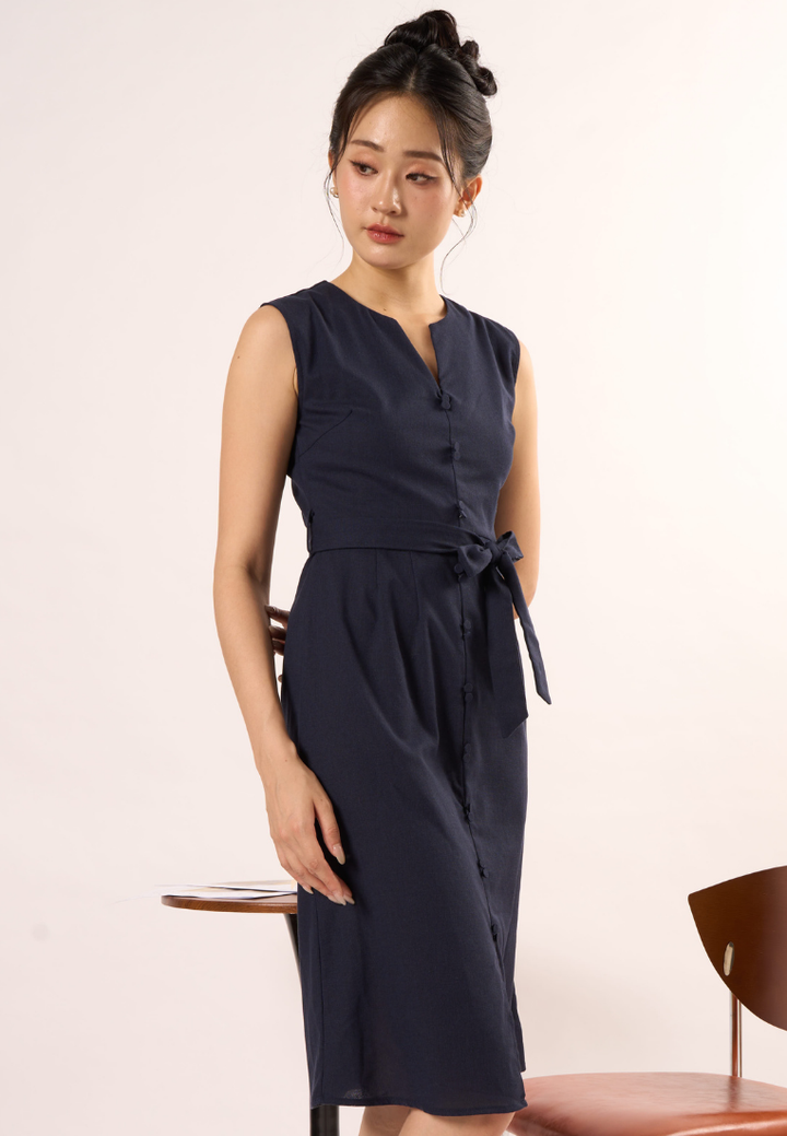 Tessa Sleeveless Linen Dress (Navy Blue)