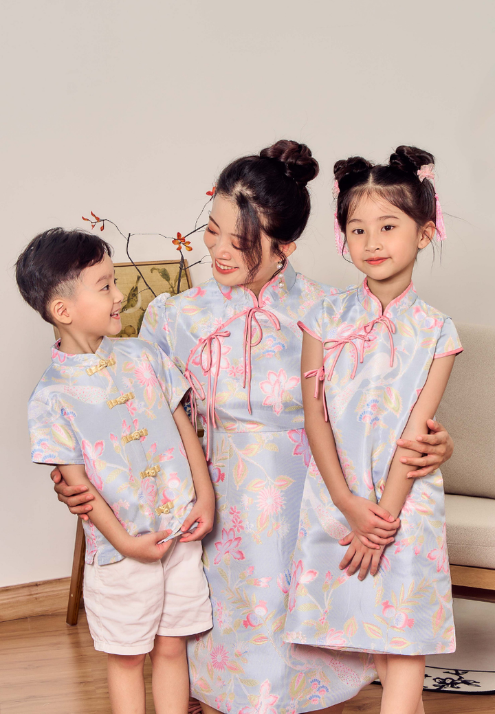 Little Xia He Jacquard Cheongsam With Ribbons (Blue)
