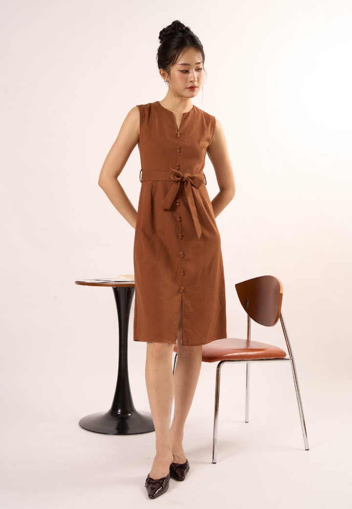 Tessa Sleeveless Linen Dress (Brown)