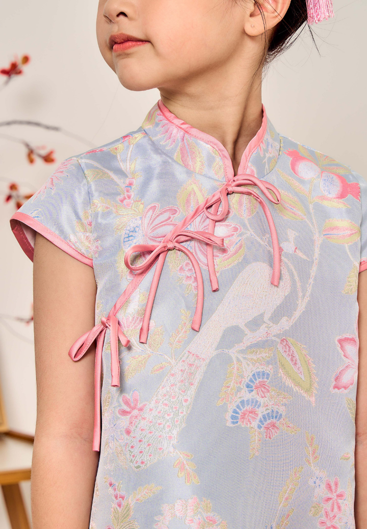 Little Xia He Jacquard Cheongsam With Ribbons (Blue)