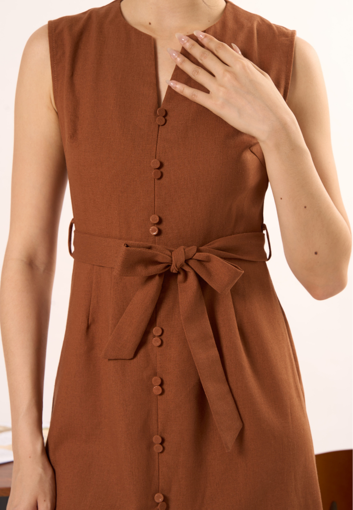 Tessa Sleeveless Linen Dress (Brown)
