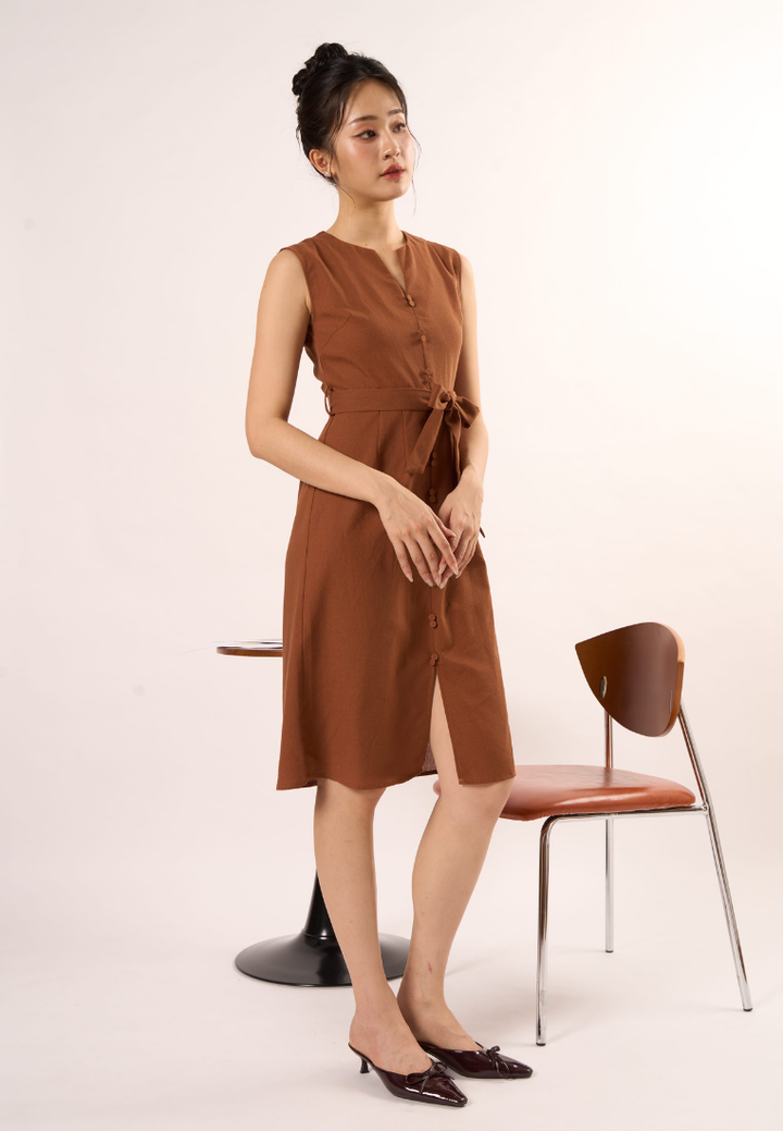 Tessa Sleeveless Linen Dress (Brown)