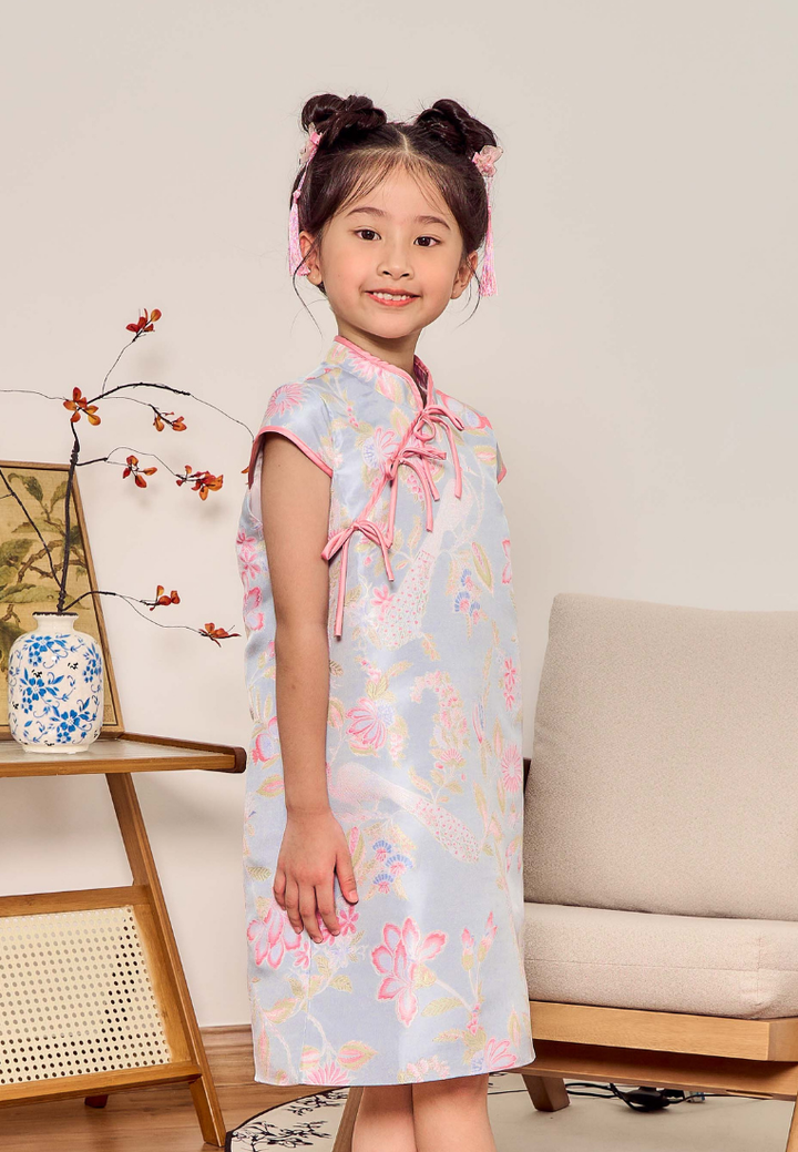 Little Xia He Jacquard Cheongsam With Ribbons (Blue)