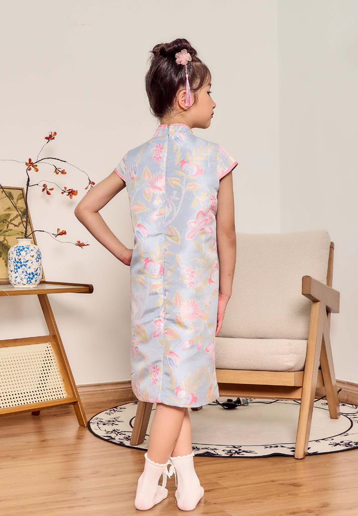 Little Xia He Jacquard Cheongsam With Ribbons (Blue)
