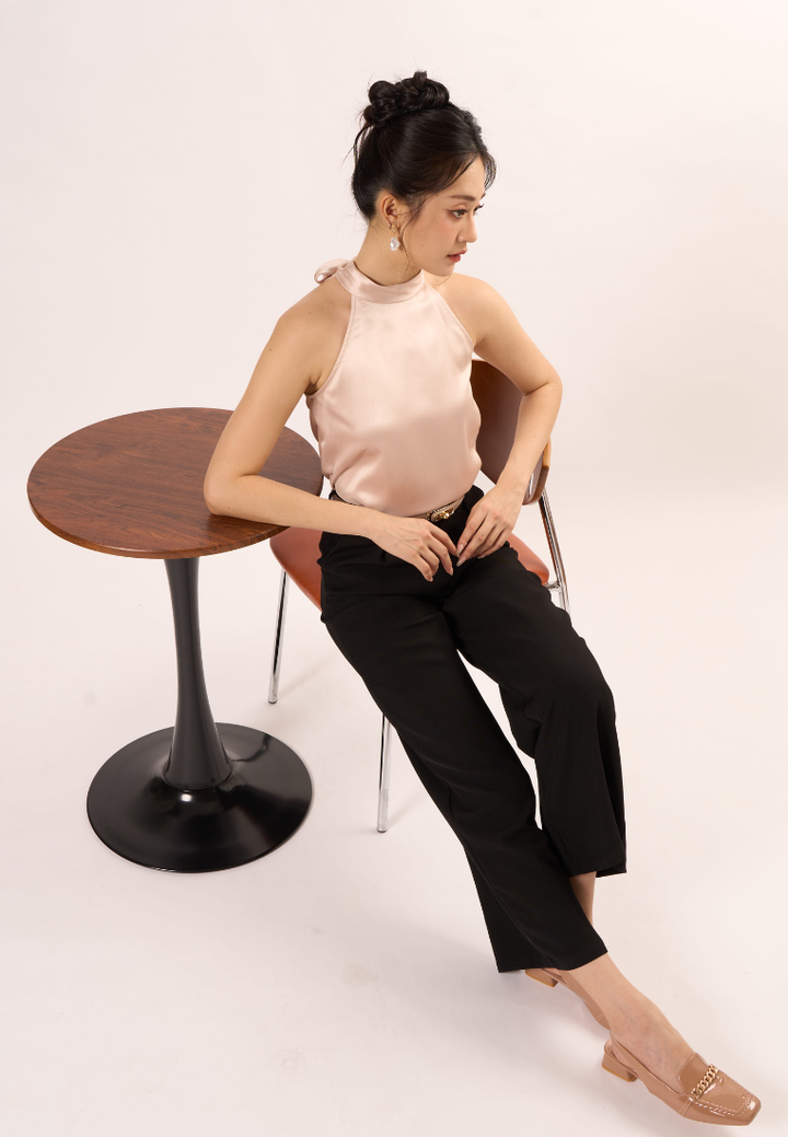 Elodie Halter-Neck With Self Tie Ribbon Top (Beige)