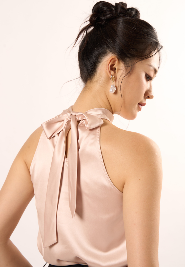 Elodie Halter-Neck With Self Tie Ribbon Top (Beige)
