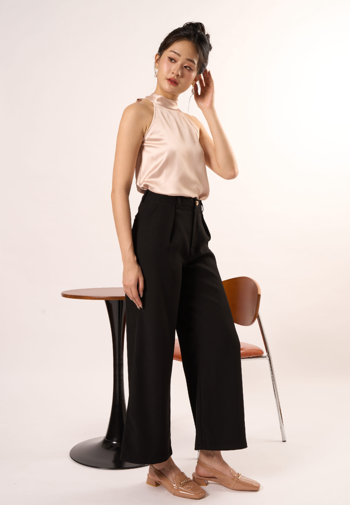 Elodie Halter-Neck With Self Tie Ribbon Top (Beige)