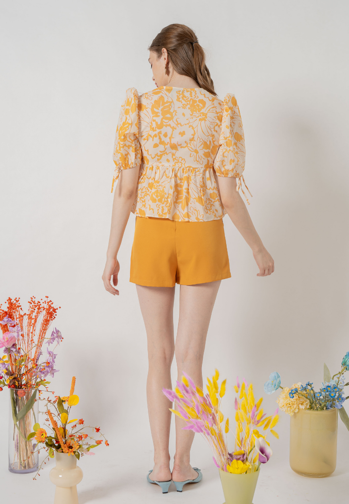 Asya Puffed Sleeves Flare Hem Floral Top (Yellow)
