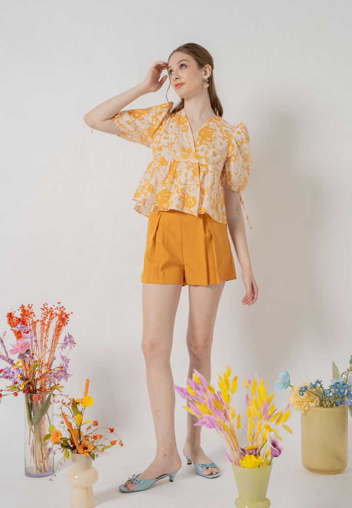 Asya Puffed Sleeves Flare Hem Floral Top (Yellow)