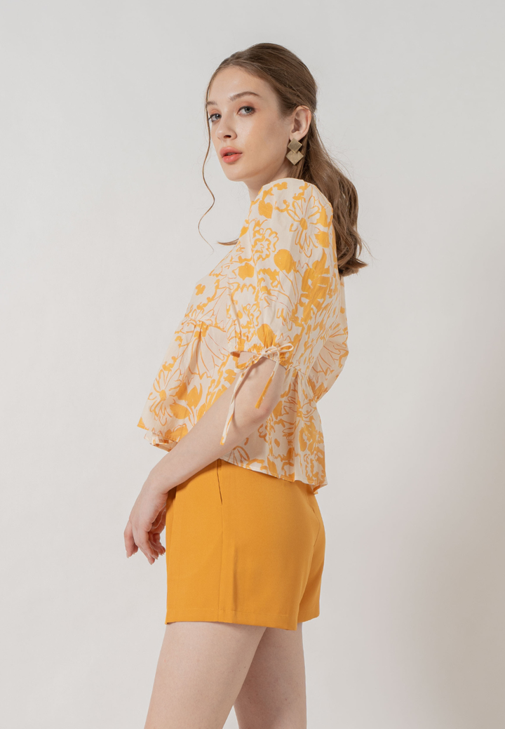 Asya Puffed Sleeves Flare Hem Floral Top (Yellow)