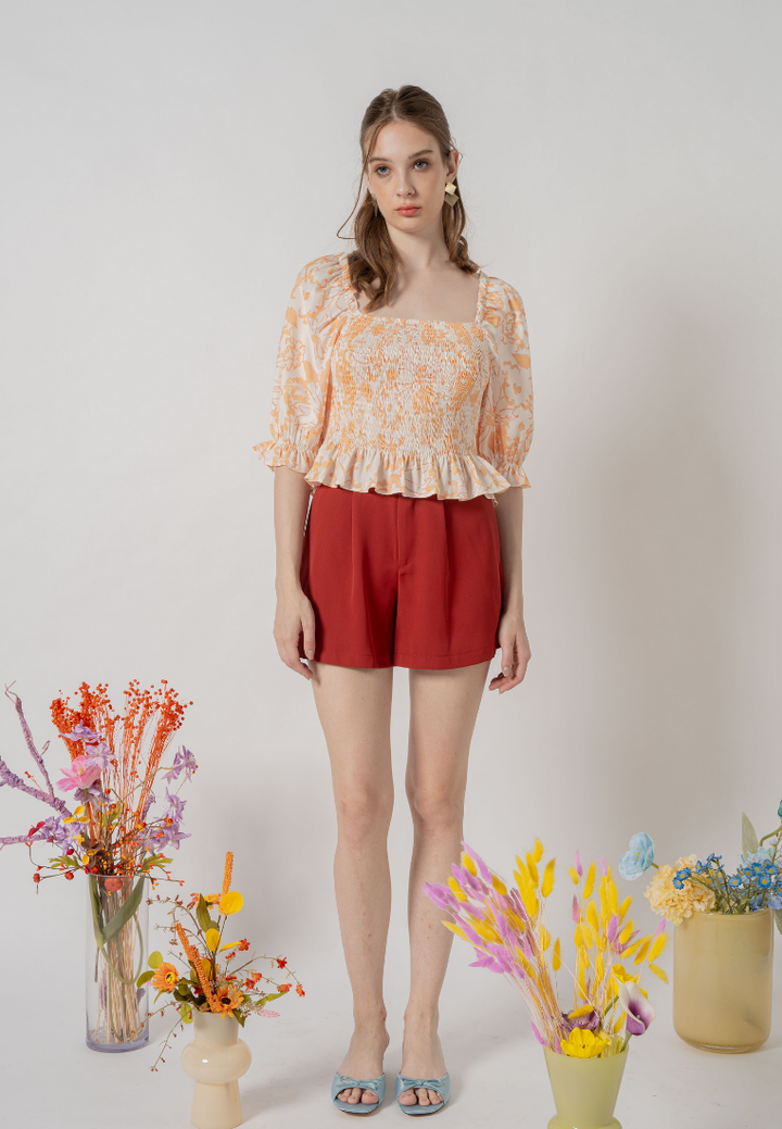 Bronwyn Puffed Sleeves Floral Ruched Top (Yellow)