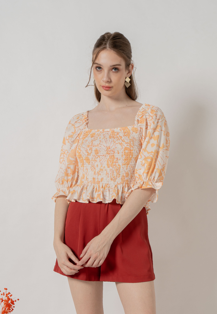 Bronwyn Puffed Sleeves Floral Ruched Top (Yellow)