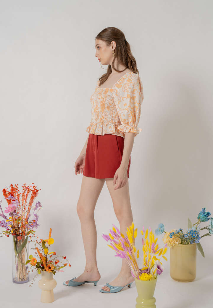 Bronwyn Puffed Sleeves Floral Ruched Top (Yellow)
