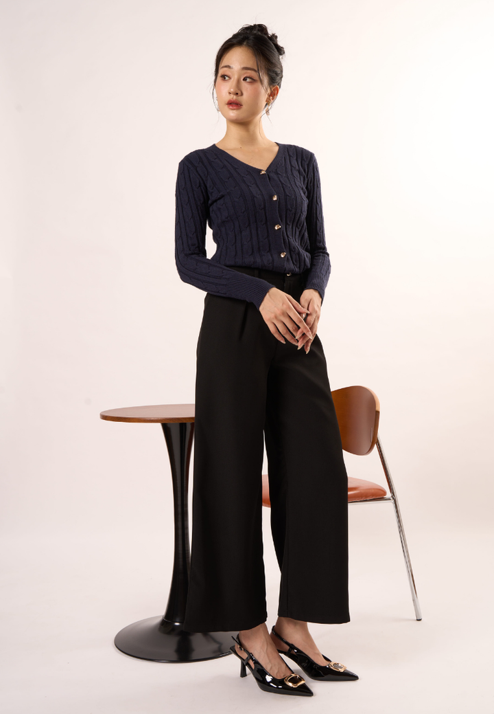 Agnes V- Neckline Texture Knitted Cardigan (Navy Blue)