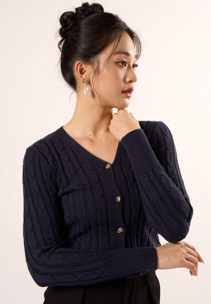 Agnes V- Neckline Texture Knitted Cardigan (Navy Blue)