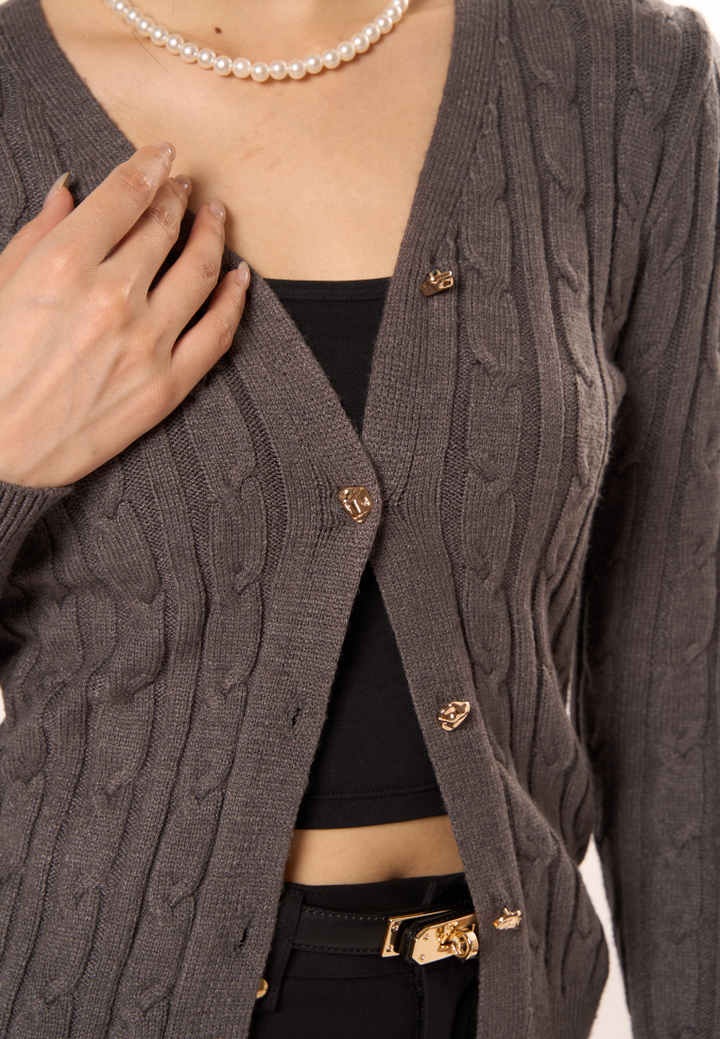 Agnes V- Neckline Texture Knitted Cardigan (Grey)