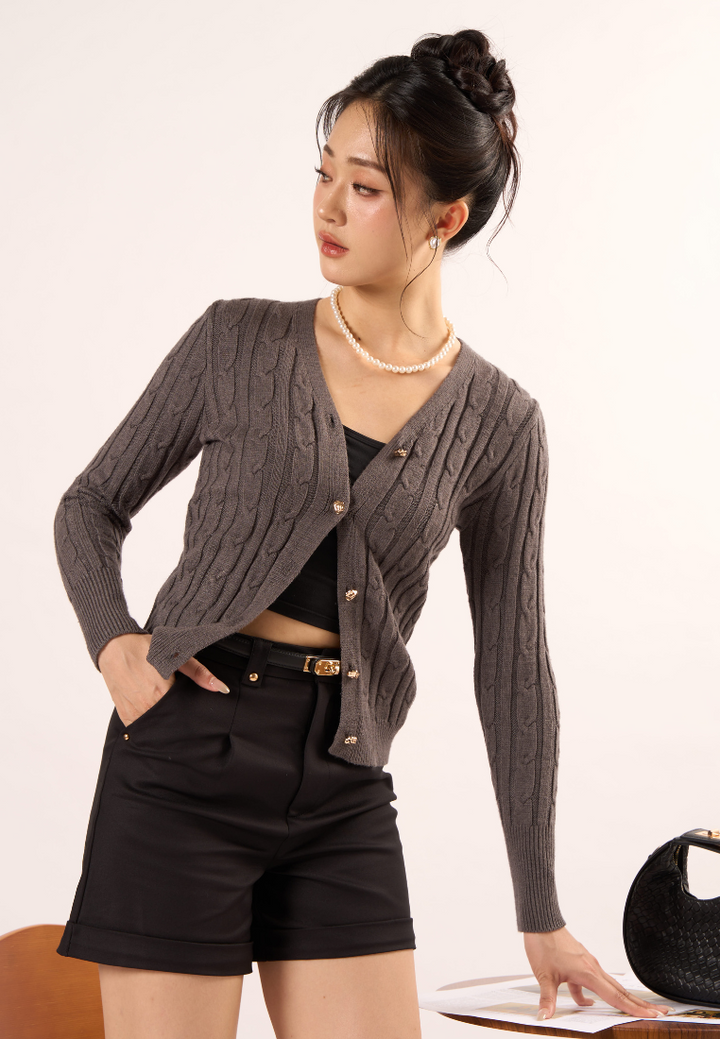 Agnes V- Neckline Texture Knitted Cardigan (Grey)