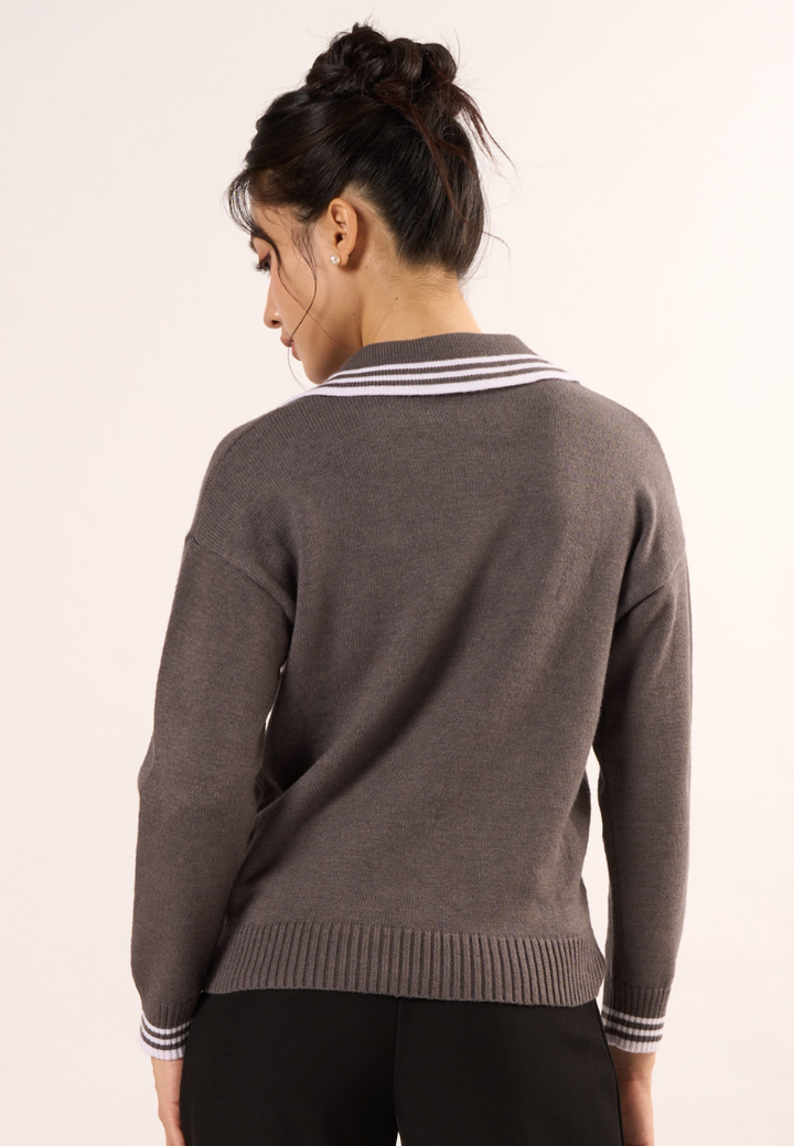 Estelle Collar With Long Sleeve Knitted Top (Grey)