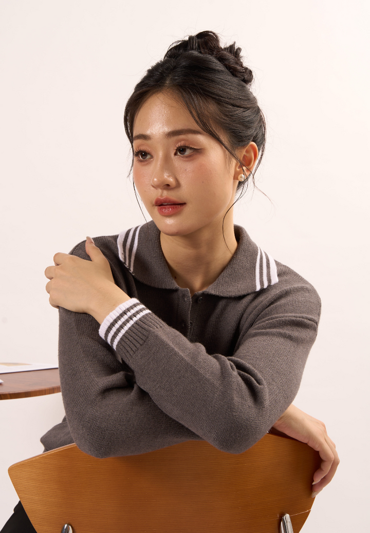 Estelle Collar With Long Sleeve Knitted Top (Grey)