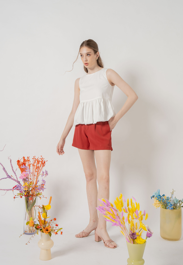 Kaleen Round Neck Sleeveless Babydoll Top (White)