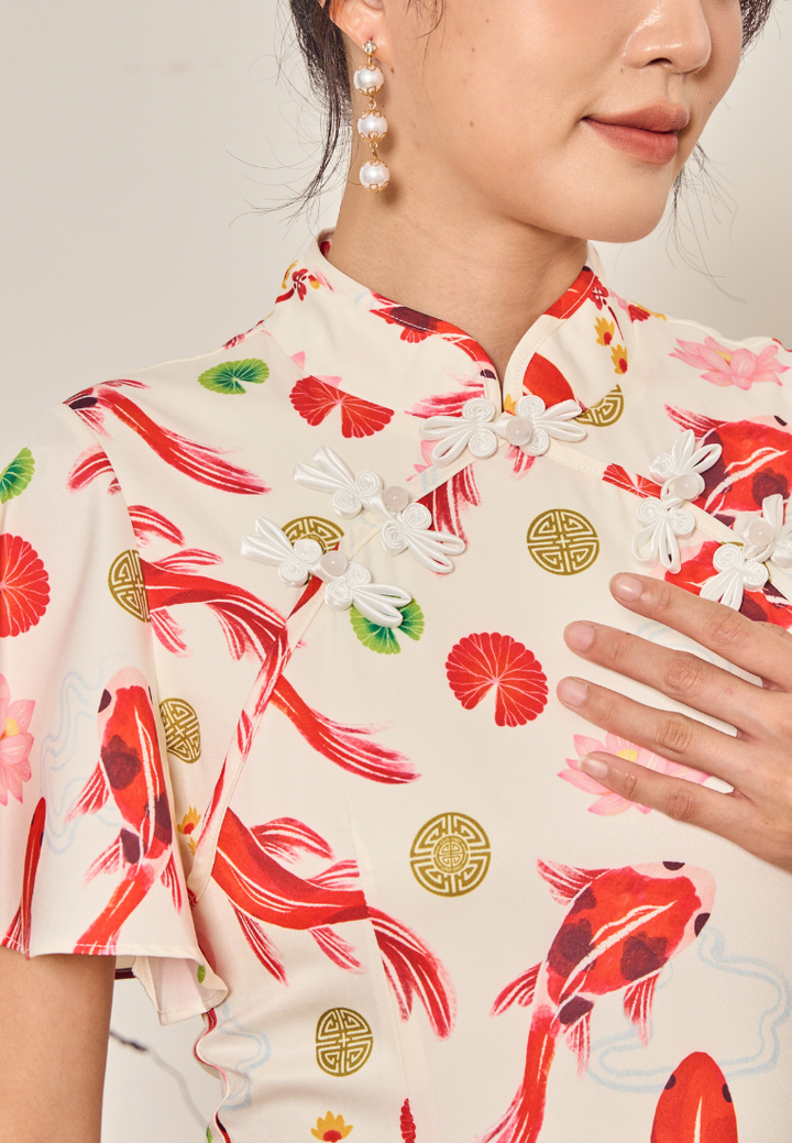The Koi In-house Prints Ruffle Hem Cheongsam (White)