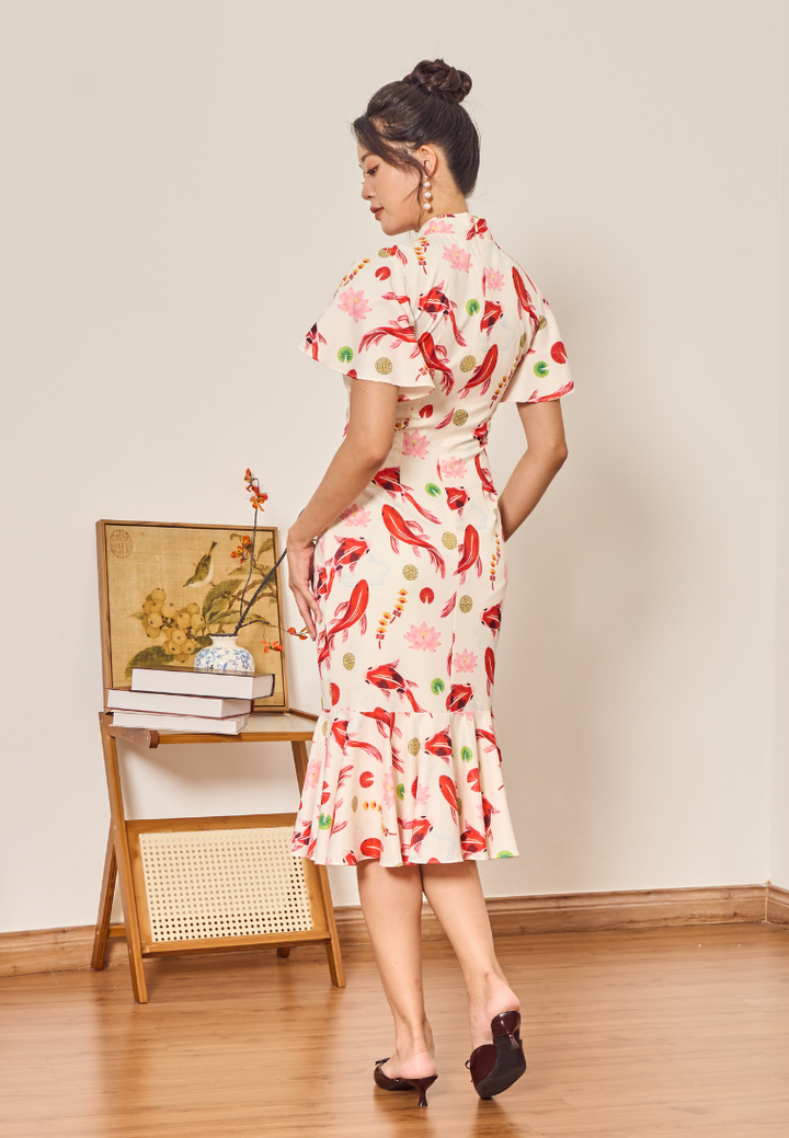 The Koi In-house Prints Ruffle Hem Cheongsam (White)