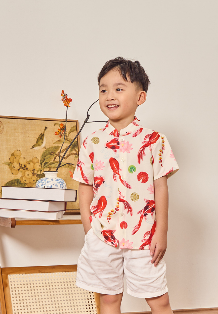 Little Koi In-House Prints Boy's Button Down Top (White)