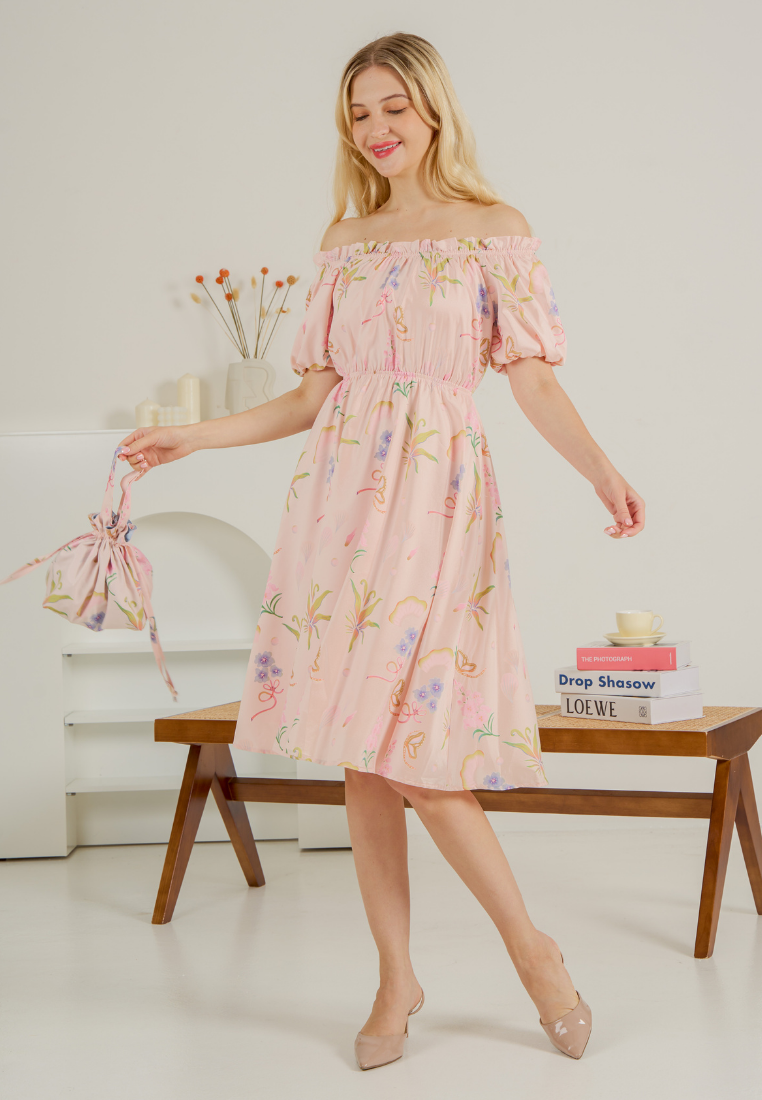 Pink floral discount off shoulder dress