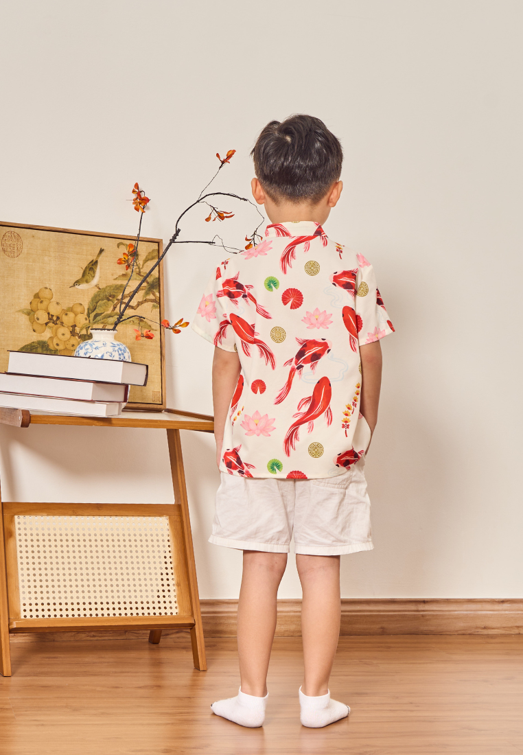 Little Koi In-House Prints Boy's Button Down Top (White)