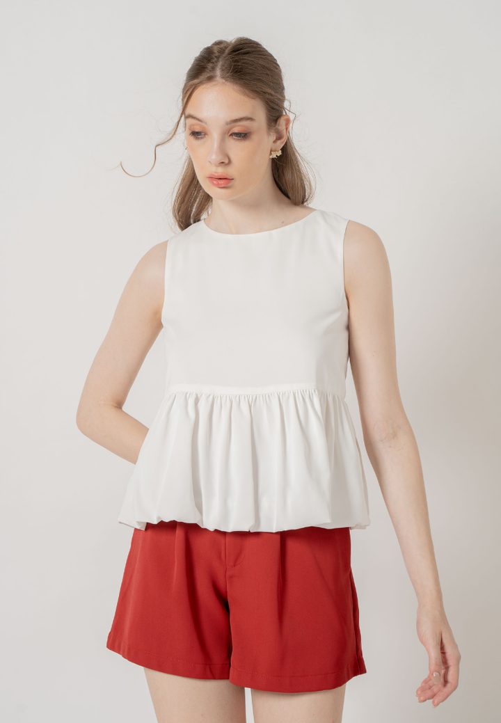 Kaleen Round Neck Sleeveless Babydoll Top (White)