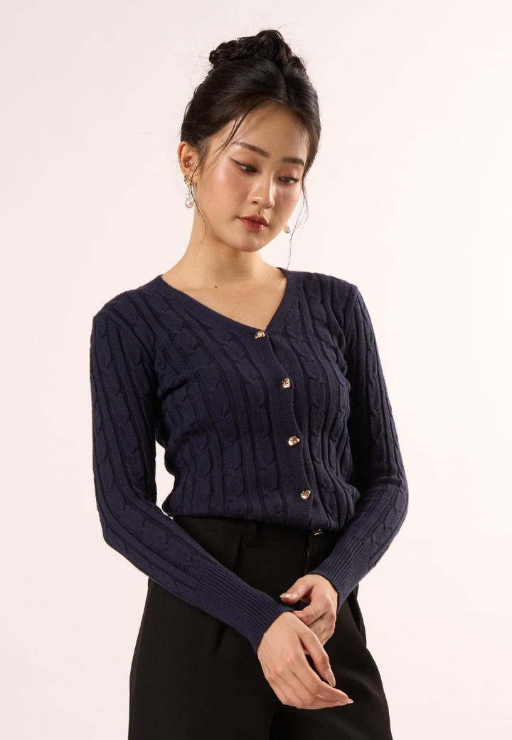 Agnes V- Neckline Texture Knitted Cardigan (Navy Blue)