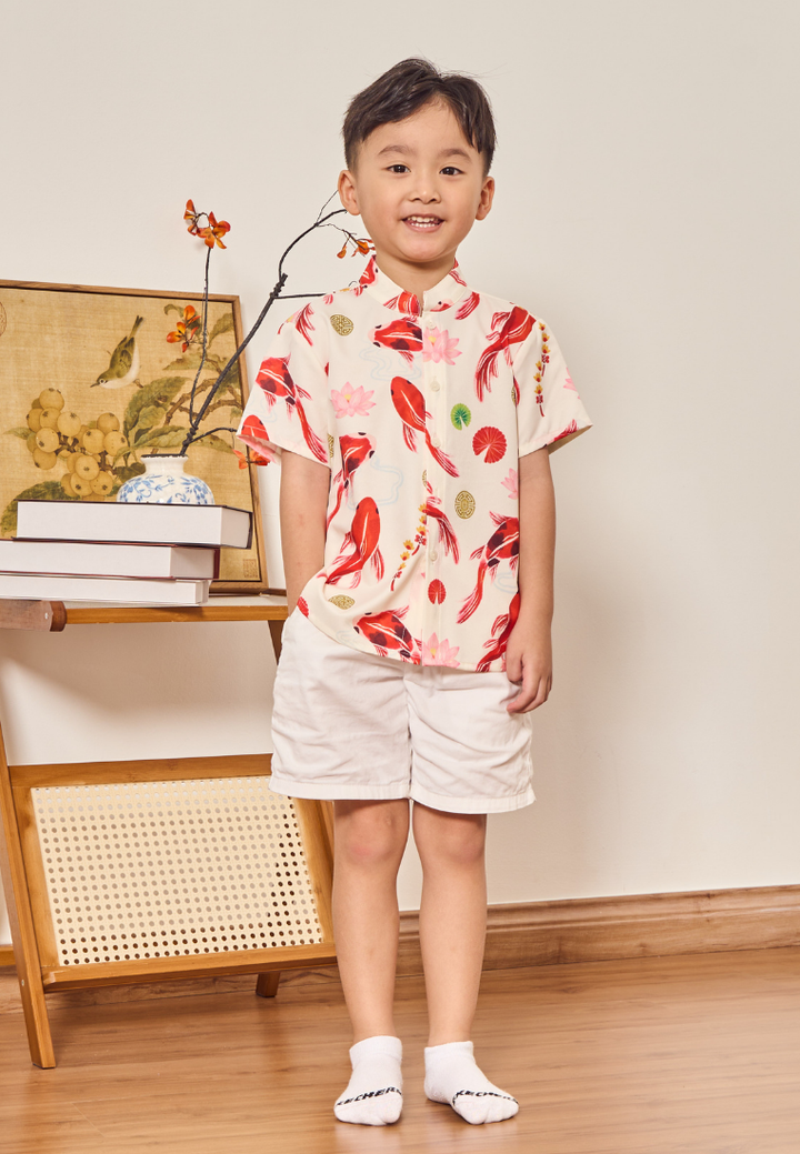 Little Koi In-House Prints Boy's Button Down Top (White)
