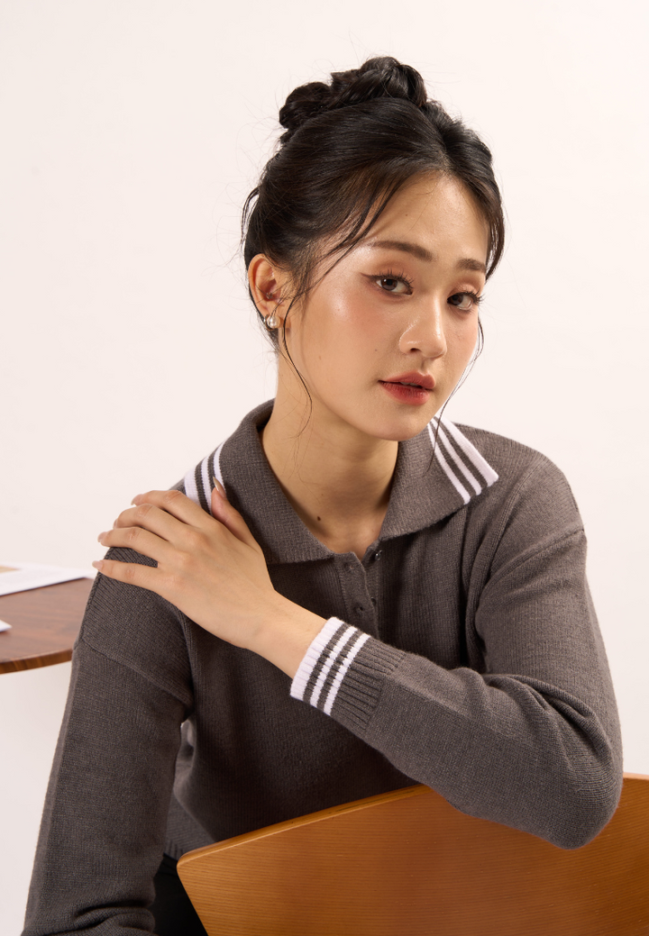 Estelle Collar With Long Sleeve Knitted Top (Grey)
