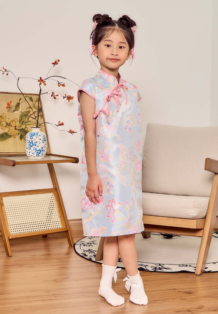 Little Xia He Jacquard Cheongsam With Ribbons (Blue)