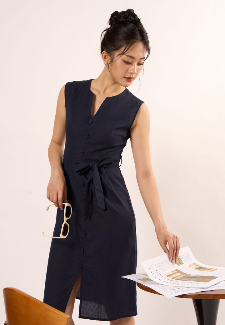 Tessa Sleeveless Linen Dress (Navy Blue)