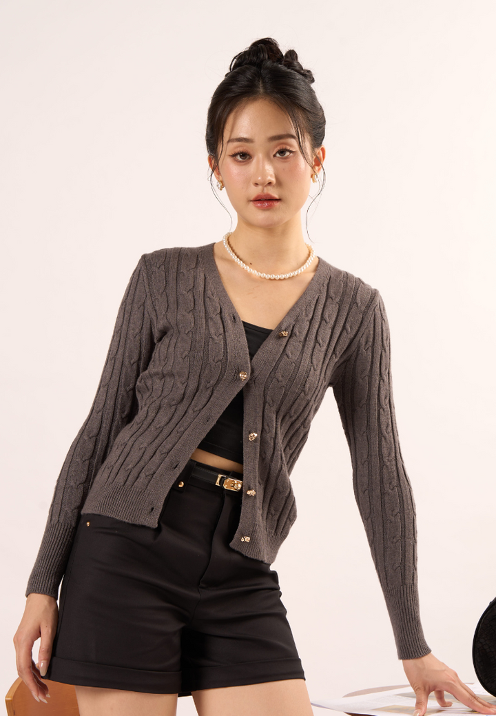 Agnes V- Neckline Texture Knitted Cardigan (Grey)
