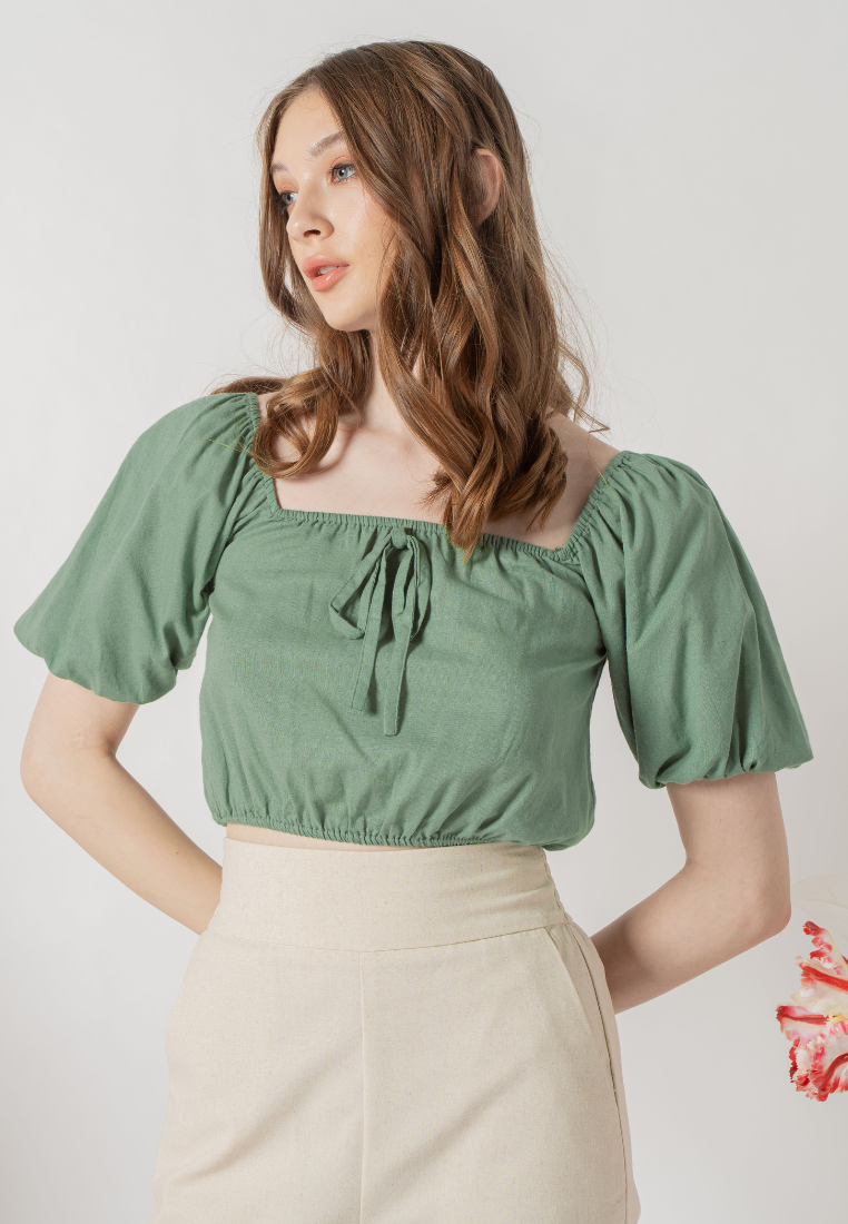 Love Knot Label | Lucie Square Neck Ruched Puff Sleeves Top (Green)