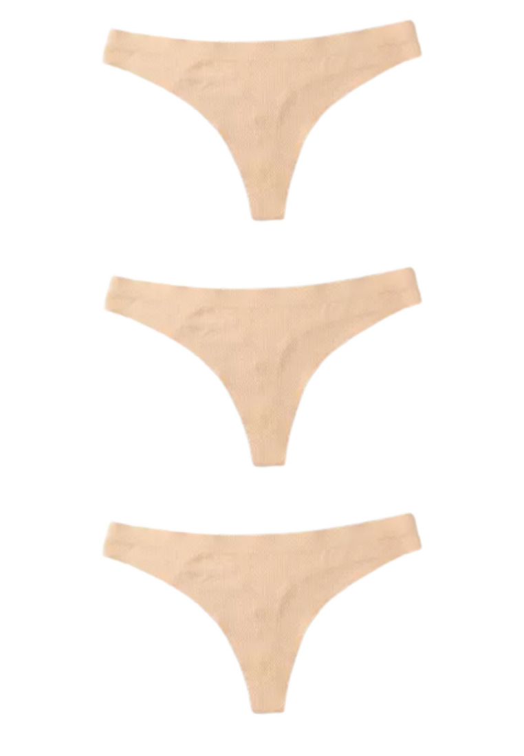 Love Knot Label  [3 in 1 Set] Seamless Ice Silk Invisible Thongs Panties  Underwear (Beige)