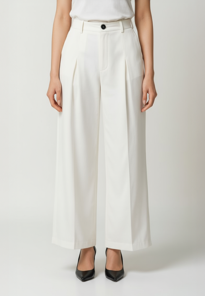 Eika Front Pleats Plaid High Waisted Wide Leg Pants (White)