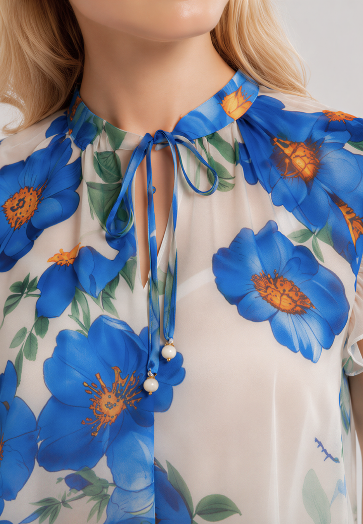 Thea Floral Ruffle Sleeve Tie Neck Blouse Top (Blue)