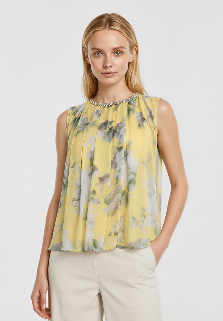 Sofia Beaded Neckline Pleated Floral Top (Yellow)