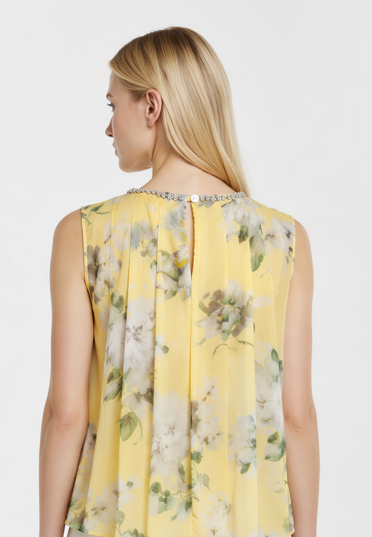 Sofia Beaded Neckline Pleated Floral Top (Yellow)