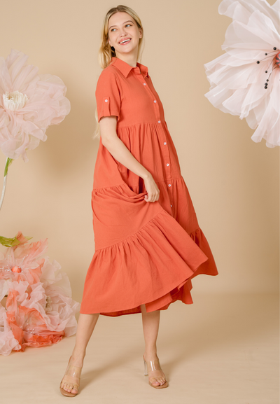 Pineloppi Button Down Maxi Dress (Orange)