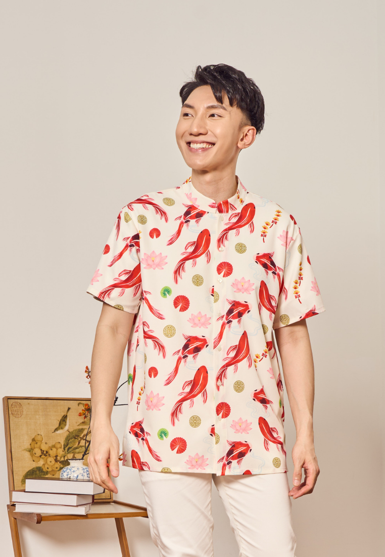 The Koi 锦鲤报喜 In-house Prints Men's Button Down Top (White)