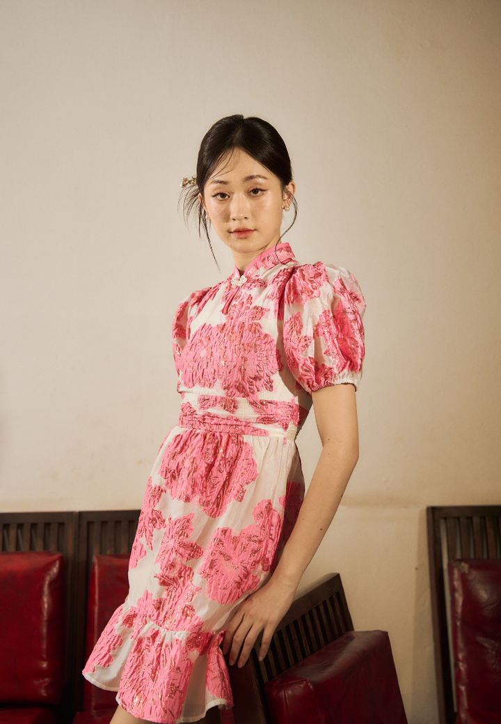 Mei Feng 美凤 Floral Puffed Sleeves Organza Cheongsam (Pink)