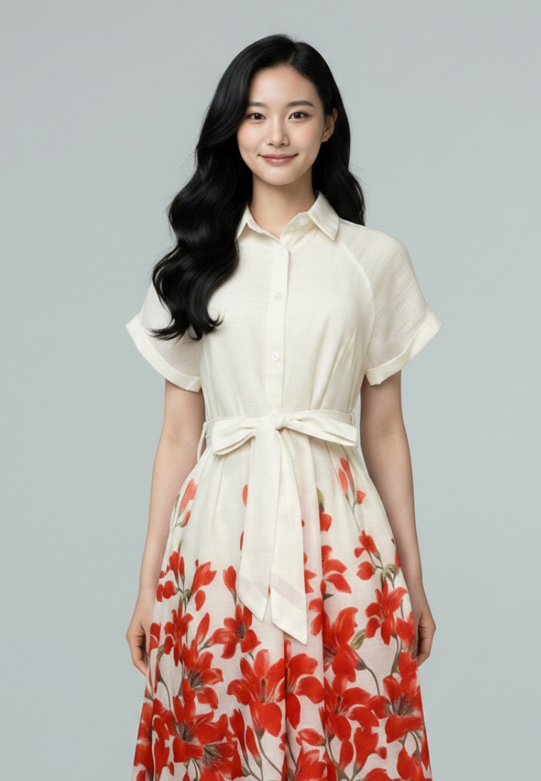 Coralie Floral Prints Tie Waist Button Down Collared Dress (Red)