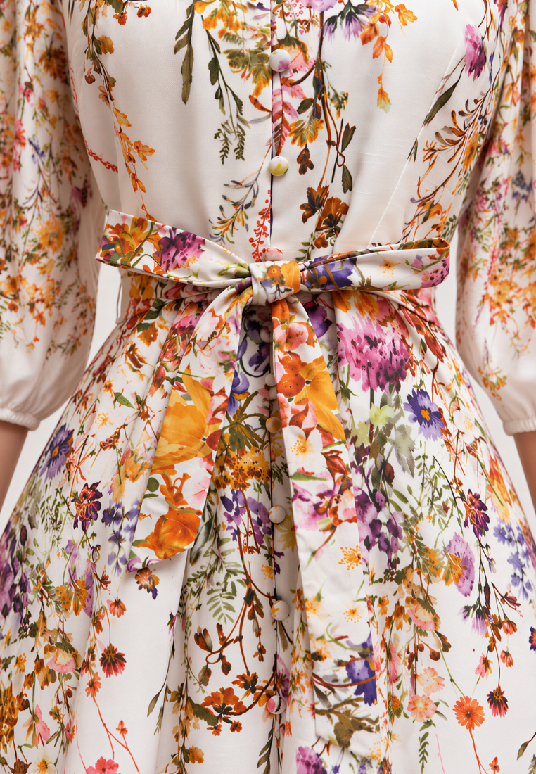 Nicole Floral Prints Mandarin Collar Puff Sleeve Belted Midi Dress (White)