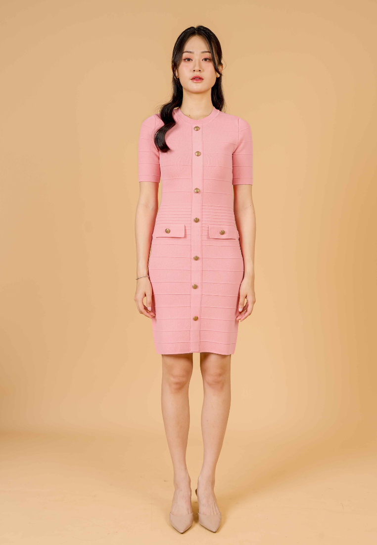 Sienna Elbow Sleeve Knitted Dress (Pink)