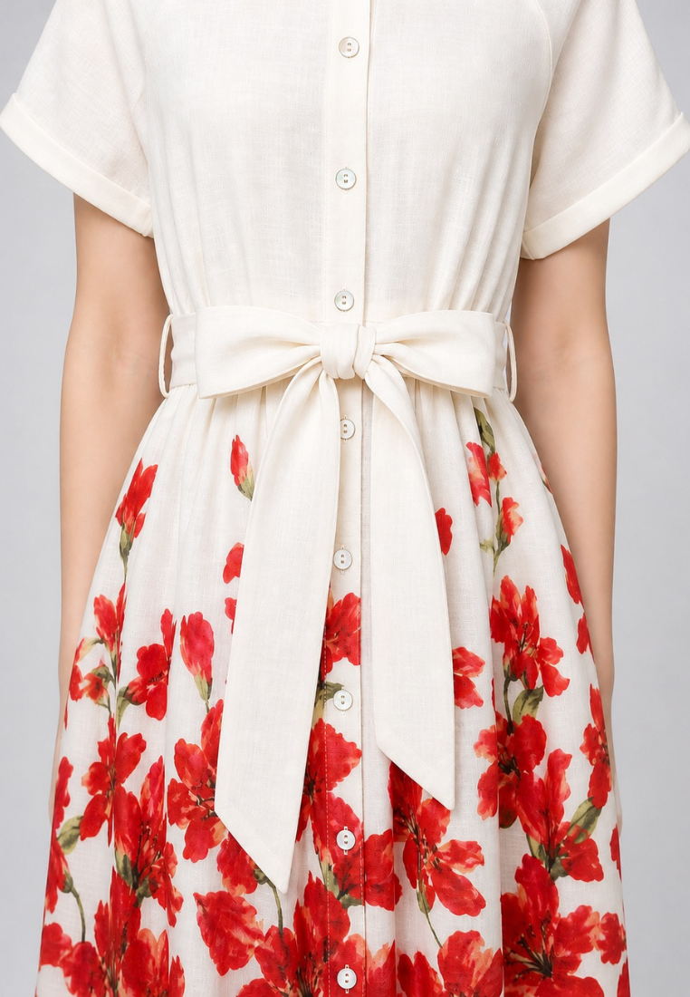 Coralie Floral Prints Tie Waist Button Down Collared Dress (Red)